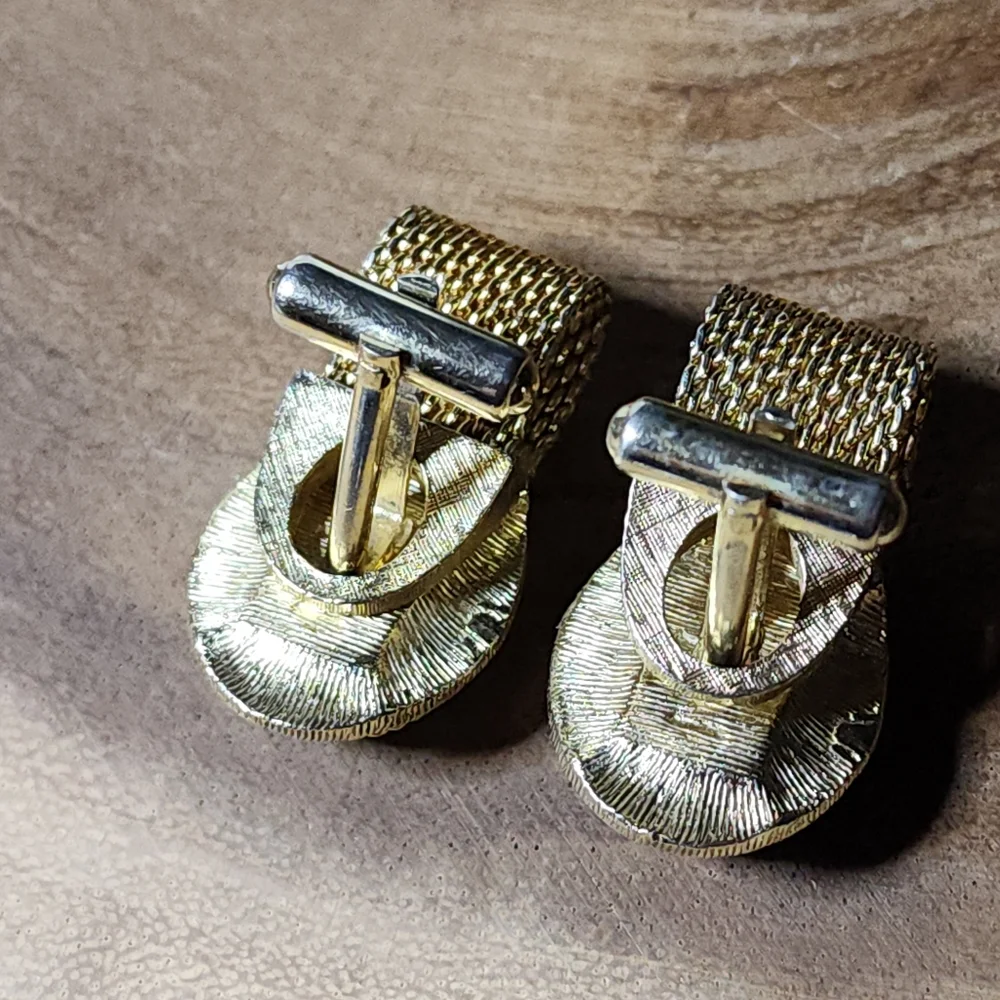 Vintage RARE Gold Tone Mesh Wrap Cufflinks Watermelon Glass Rivoli Gemstones